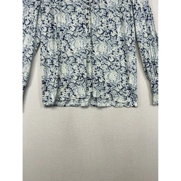 Boho Lucky Brand Womens Medium Blue White Paisley Button Front Long Sleeve Top - Picture 8 of 10